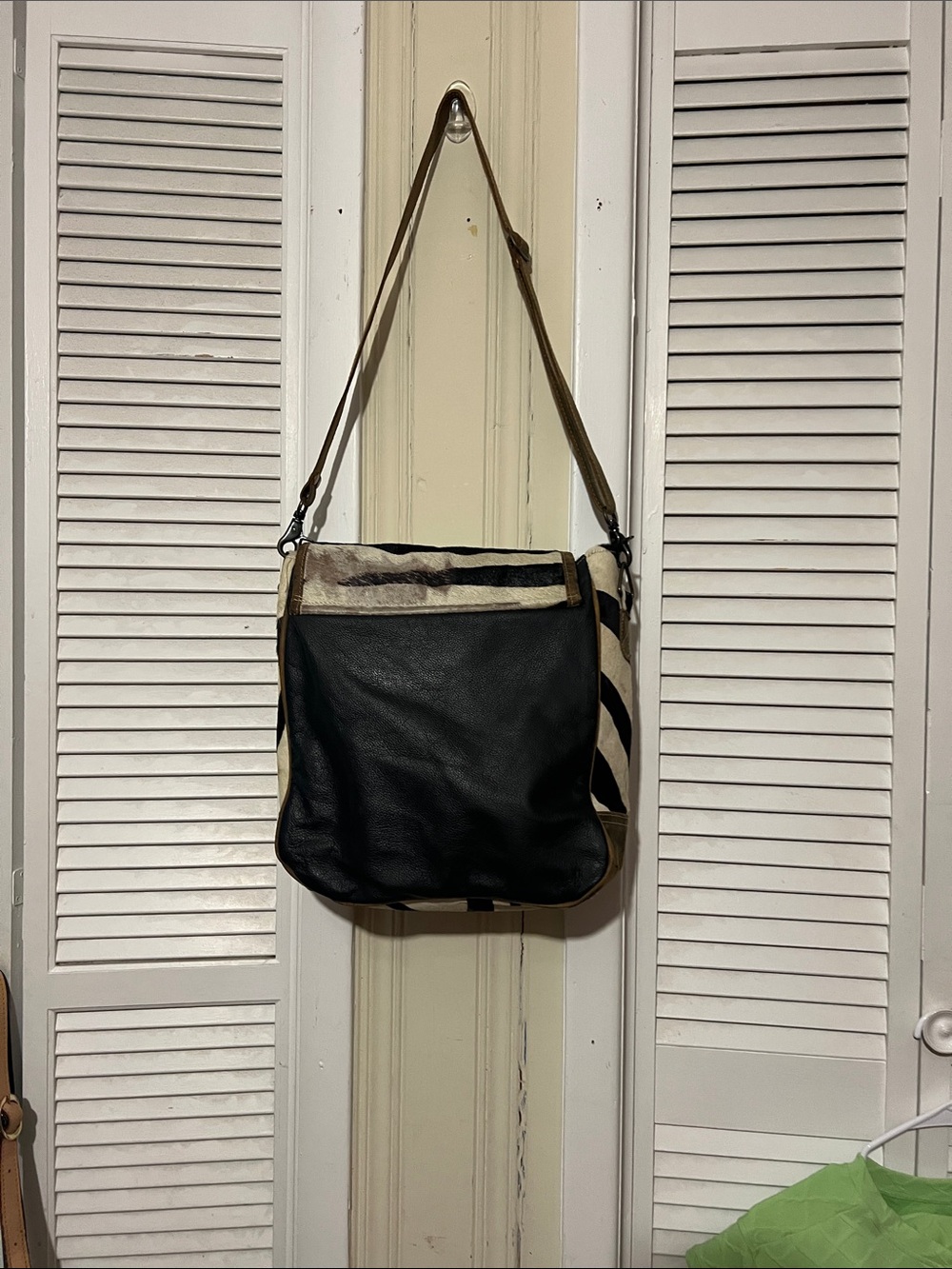 Zebra-Print Messenger Bag in Black and Cream - Picture 2 of 8